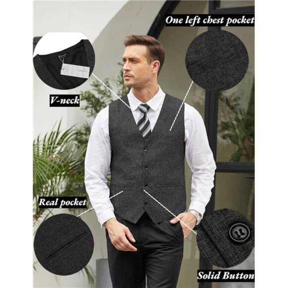 Men's Casual Business Vests Lightweight Waistcoat Slim Fit Suit Vest - Picture 5 of 6